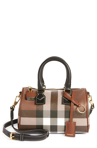 Burberry Womens Dark Birch Brown Chk Check-print Mini Woven And Leather Top-handle Bowling Bag