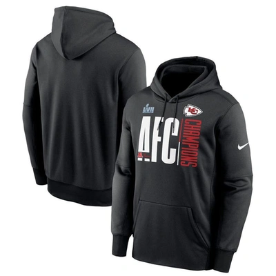 NIKE NIKE BLACK KANSAS CITY CHIEFS 2022 AFC CHAMPIONS ICONIC THERMA PERFORMANCE PULLOVER HOODIE