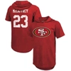 Majestic Threads Christian Mccaffrey Scarlet San Francisco 49ers Player Name & Number Tri-blend Slim In Scarlet