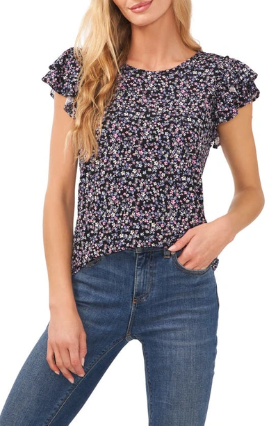 CECE FLORAL PRINT RUFFLE SLEEVE KNIT TOP