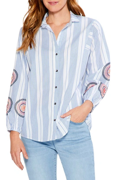 Nic + Zoe Embroidered Skies Stripe Stretch Cotton Button-up Shirt In Blue