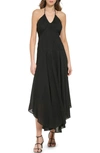 Dkny Halter Neck Crinkle Rayon Maxi Dress In Black