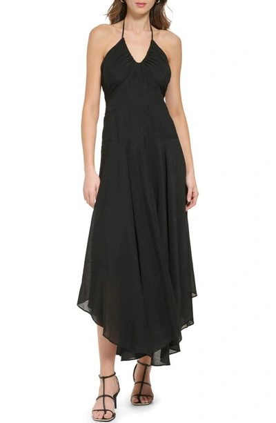 Dkny Halter Neck Crinkle Rayon Maxi Dress In Black