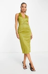 Asos Design Belted U Neckline Midi Dress In Olive-green In Medium Green
