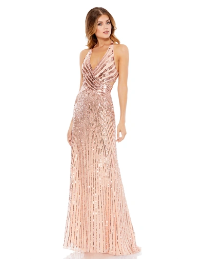 Mac Duggal Sleeveless Faux Wrap Sequin Embellished Cut Out Back Dress In Rose Gold