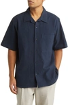 Nn07 Julio 1040 Stretch Short Sleeve Organic Cotton Button-up Camp Shirt In Blue