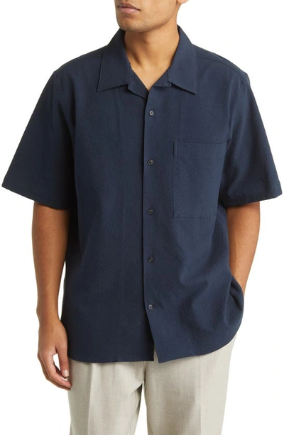 Nn07 Julio 1040 Stretch Short Sleeve Organic Cotton Button-up Camp Shirt In Navy Blue