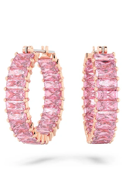 Swarovski 14k Rose Gold-plated Small Pink Baguette Cubic Zirconia Hoop Earrings, 0.87"