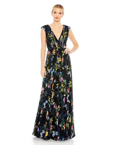 Mac Duggal Pleated Floral Cap Sleeve A Line Gown In Black Multi