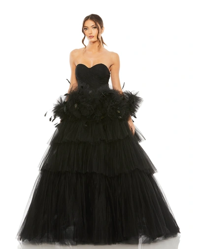 Mac Duggal Strapless Tulle Gown With Feather Detail In Black