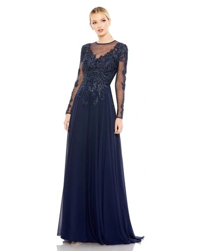 Mac Duggal Beaded Applique Illusion High Neckline Gown In Midnight