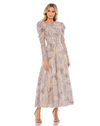 Mac Duggal Embellished High Neck Puff Sleeve A-line Dress In Taupe