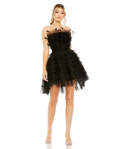 Mac Duggal Feathered Strapless Tulle Fit And Flare Dress In Black