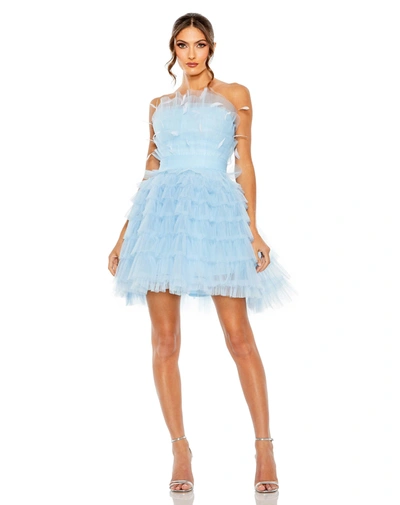 MAC DUGGAL FEATHERED STRAPLESS TULLE FIT AND FLARE DRESS