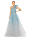 Mac Duggal Glitter One-shoulder Ombre Gown With Bow In Blue