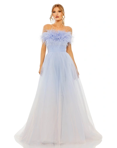 Mac Duggal Strapless Tulle Gown With Feather Accents In Blue Ombre