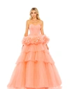 Mac Duggal Strapless Tulle Gown With Feather Detail In Coral