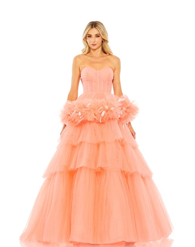 Mac Duggal Strapless Tulle Gown With Feather Detail In Coral