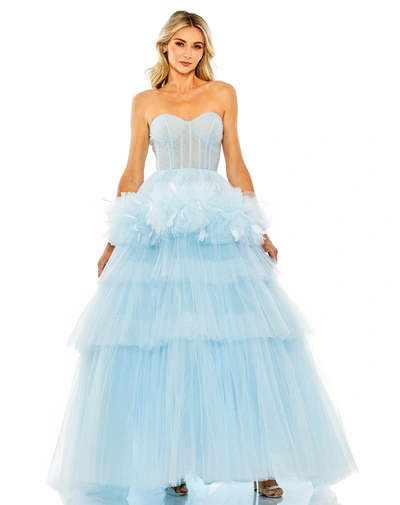 Mac Duggal Strapless Tulle Gown With Feather Detail In Ice Blue