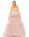 Mac Duggal Strapless Tulle Gown With Feather Detail In Rose