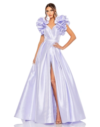 Mac Duggal V-neckline Flutter Sleeve Ball Gown With Slit In Periwinkle