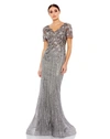 Mac Duggal Embellished V Neck Cap Sleeve Trumpet Gown In Dark Grey