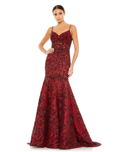 Mac Duggal Sequin Illusion Corset Trumpet Gown In Burgundy