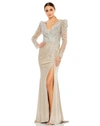 MAC DUGGAL EMBELLISHED FAUX WRAP ILLUSION PUFF SLEEVE GOWN