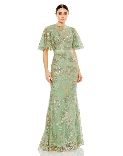 Mac Duggal Embellished Flutter Sleeve High Neck Gown In Sage