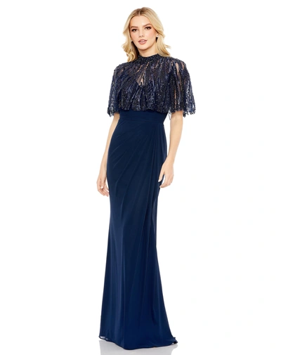 Mac Duggal Sleeveless Gown With Embellished Cape In Navy