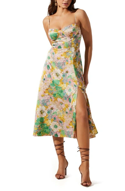 Astr Bustier Satin Dress In Coral Yellow Floral