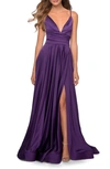 LA FEMME STRAPPY BACK SATIN BALLGOWN