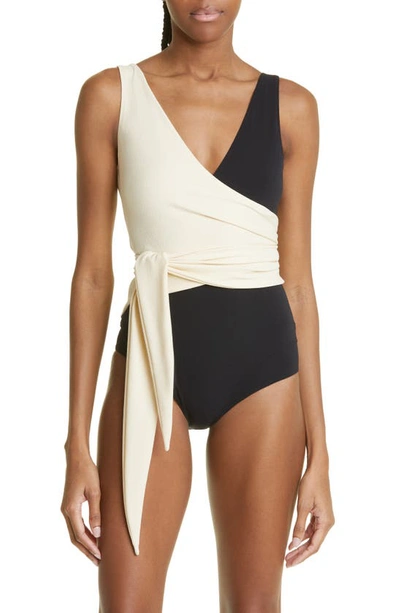 Lisa Marie Fernandez Dree Louise Two-tone Stretch-crepe Wrap-effect Swimsuit In Black And Off-white