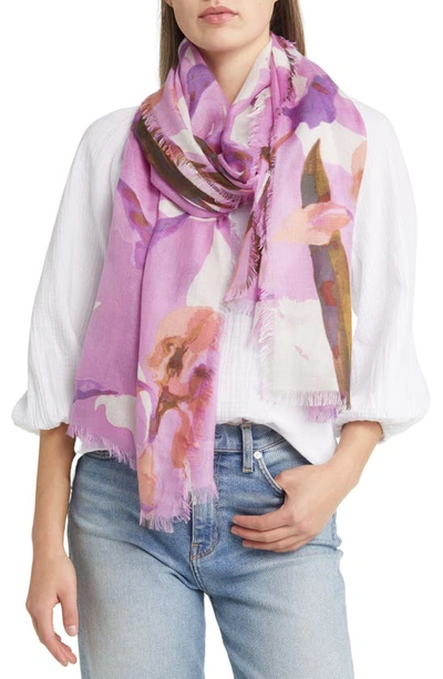 Nordstrom Eyelash Trim Print Cashmere & Silk Wrap In Purple Majestic Garden