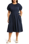 Chelsea28 Puff Sleeve Side Cutout Cotton Dress In Navy Night