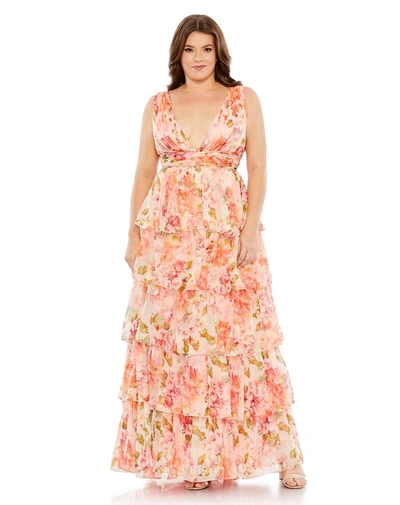 Mac Duggal Floral Print Tiered V-neckline Gown (plus) In Pink Multi