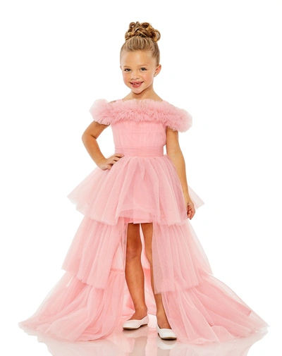 Mac Duggal Kids' Girls Off The Shoulder High-low Tulle Dress In Pink