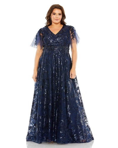Mac Duggal High Neck Flutter Sleeve Embellished A-line Gown In Midnight