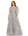 Mac Duggal High Neck Flutter Sleeve Embellished A-line Gown In Platinum