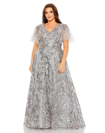 Mac Duggal High Neck Flutter Sleeve Embellished A-line Gown In Silver