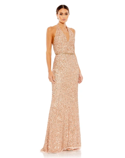 Mac Duggal Sleeveless Halter Neck Gown In Apricot