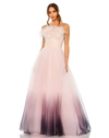 Mac Duggal Strapless Tulle Gown With Feather Accents In Pink Ombre