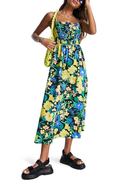 Topshop Poplin Bold Floral Shirred Strappy Midi Dress In Multi