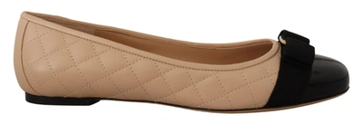 Ferragamo Beige And Black Nappa Leather Ballet Flat Shoes