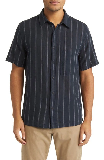 Vince Windsor Stripe Short Sleeve Linen Button-up Shirt In Marine Blue