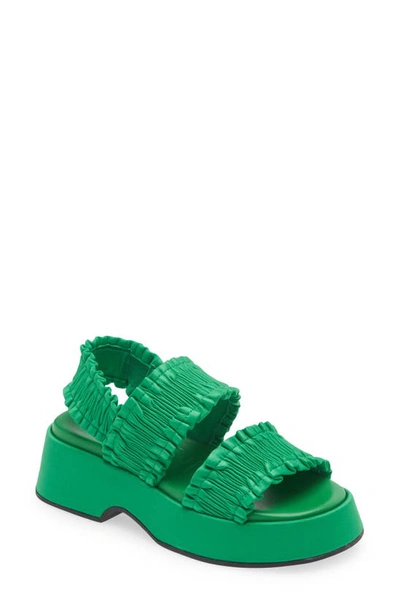 Ganni Smocked Slingback Flatform Sandals In Kelly Green