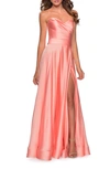 LA FEMME STRAPLESS SLIT SATIN BALLGOWN