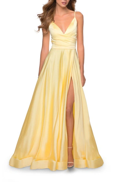 La Femme Strappy Back Satin Ballgown In Pale Yellow