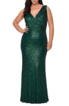 LA FEMME SEQUIN V-NECK TRUMPET GOWN