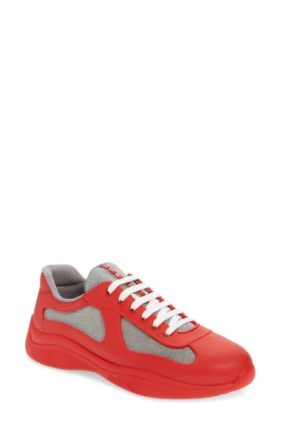 Prada Men's America's Cup Soft Rubber And Bike Fabric Trainers In Red